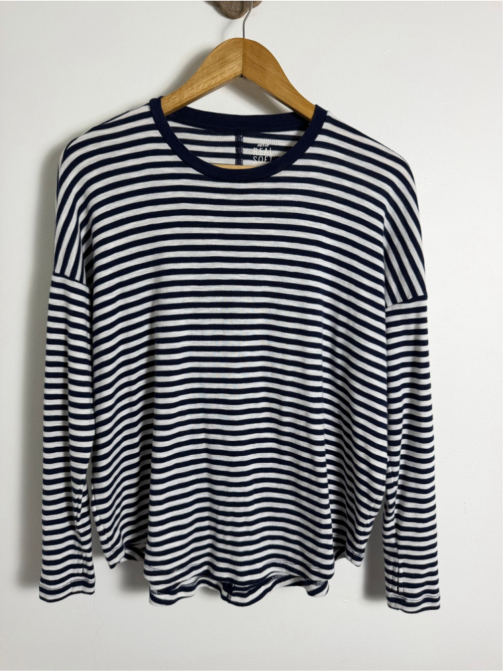 Aerie Real Soft Navy White Striped Oversized Long Sleeve Top S